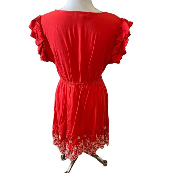 Solitaire Summer Eyelet Casual Short Sleeve Ruffle Detail Dress Deep Coral M - Picture 4 of 6